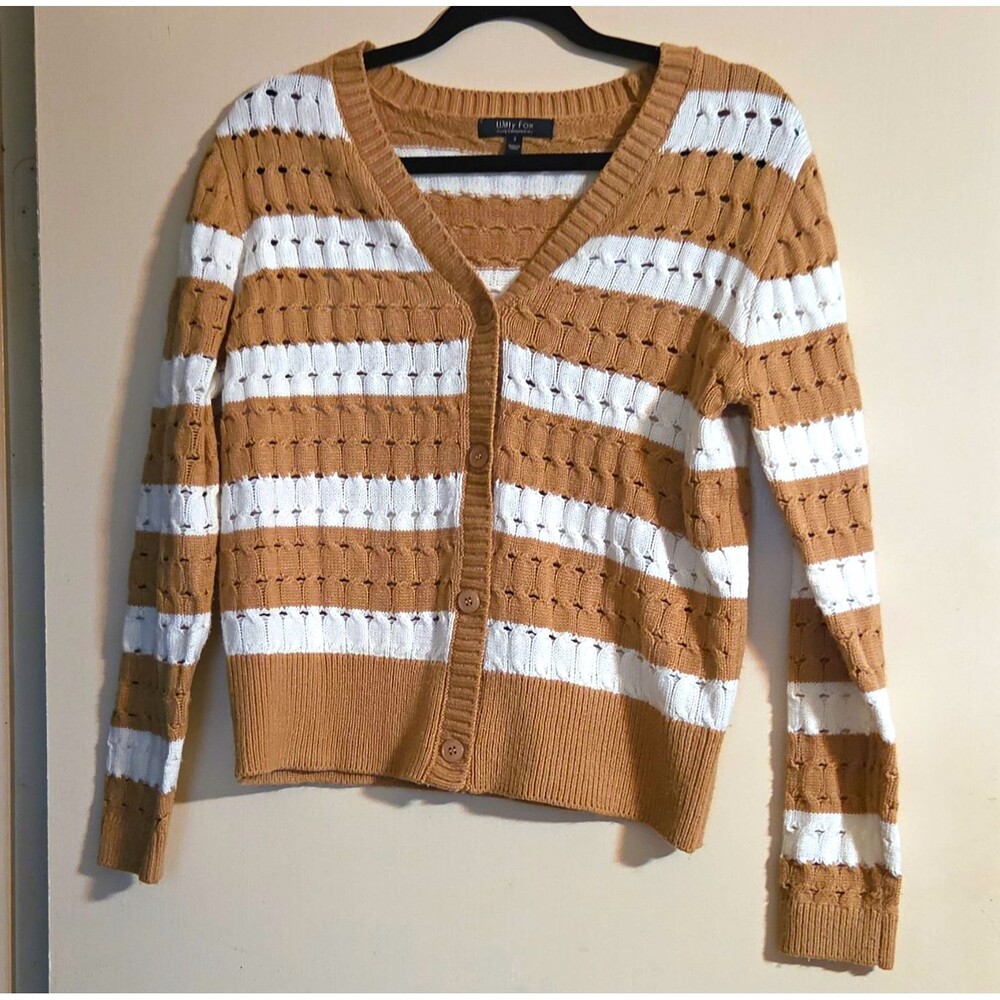 Witty Fox Brown/White Striped Knit Button-Front V-Neck Cardigan Sweater S